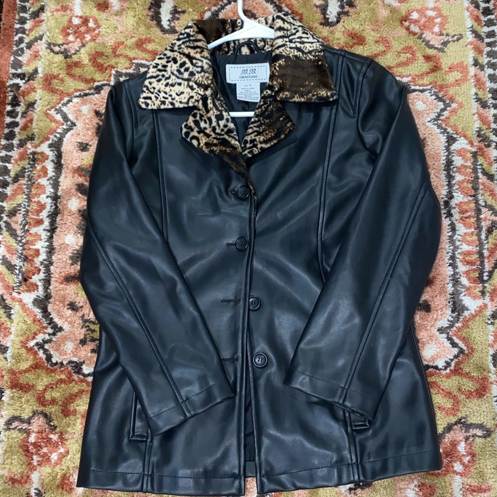 Vintage vegan leather trench with animal print trim